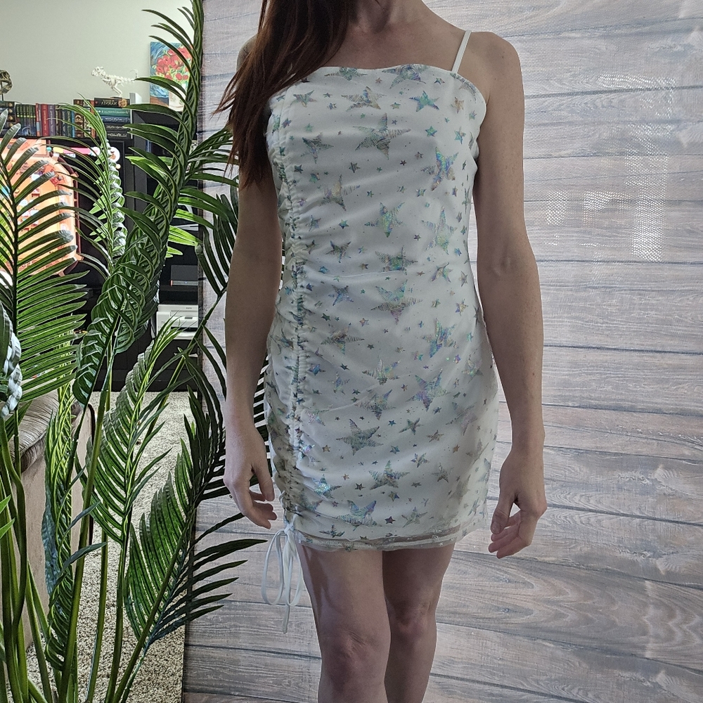 White Holographic Star Mesh Bodycon Mini Dress XS/S – Ruched Party Clubwear Cute